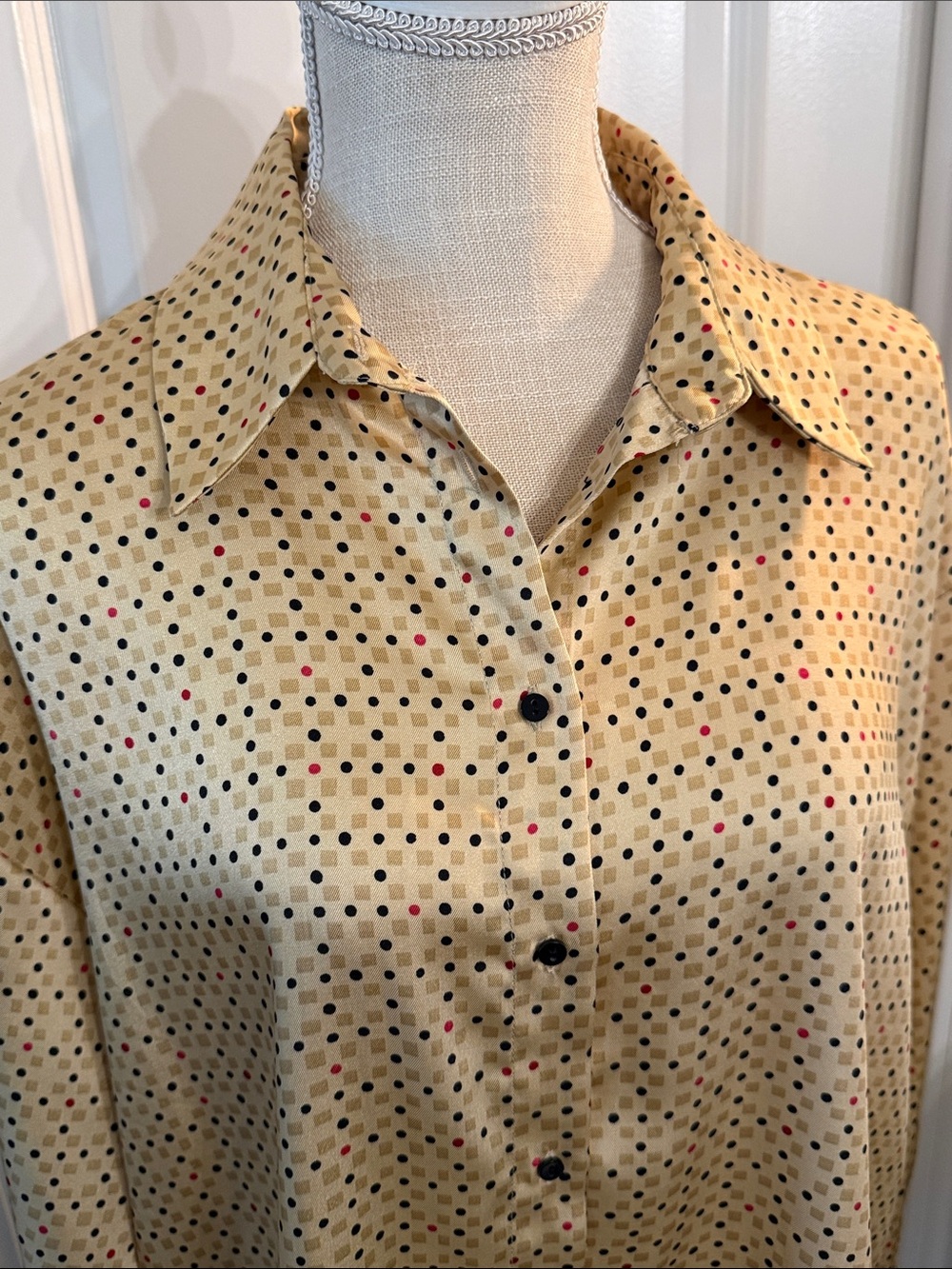 Zara Polka Dot & Geo Print Blouse in Cream, Navy and Pink